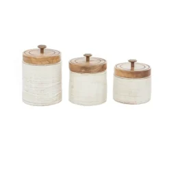 Decorative Bowls & Jars-Kirkland's Home Weathered Ivory Jars With Wooden Lids, Set Of 3 Ivory/Tan