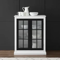 Cabinets & Sideboards-Kirkland's Home White And Black Windowpane Doors Cabinet White/Black