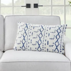 Pillows-Kirkland's Home White And Blue Tufted Geo Lumbar Pillow White/Blue