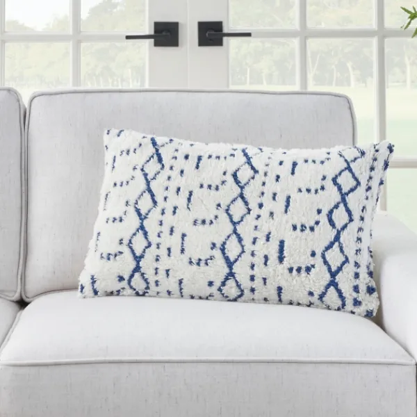 Pillows-Kirkland's Home White And Blue Tufted Geo Lumbar Pillow White/Blue