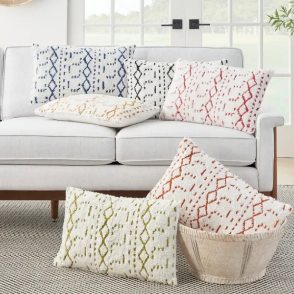 Pillows-Kirkland's Home White And Blue Tufted Geo Lumbar Pillow White/Blue