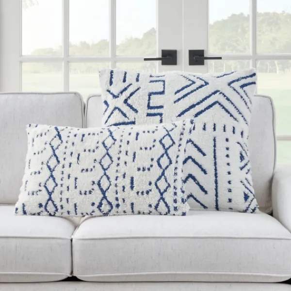 Pillows-Kirkland's Home White And Blue Tufted Geo Lumbar Pillow White/Blue