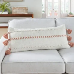 Pillows-Kirkland's Home White And Blush Braided Stripe Lumbar Pillow White/Pink