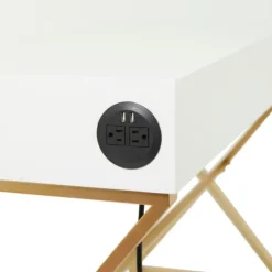 Office Furniture-Kirkland's Home White And Gold Metal Desk With Outlets White/Gold