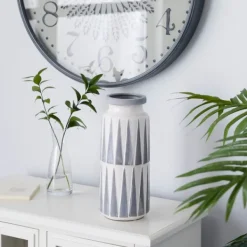 Vases-Kirkland's Home White And Gray Geometric Triangle Vase, 13 In. White/Gray