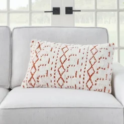 Pillows-Kirkland's Home White And Orange Tufted Geo Lumbar Pillow White/Orange