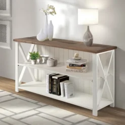 Console Tables-Kirkland's Home White And Rustic Oak Wood Farmhouse Console Table White/Brown