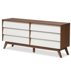 Dressers & Chests-Kirkland's Home White And Walnut Mid-Century 6-Drawer Dresser