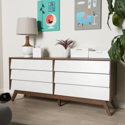 Dressers & Chests-Kirkland's Home White And Walnut Mid-Century 6-Drawer Dresser