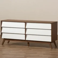 Dressers & Chests-Kirkland's Home White And Walnut Mid-Century 6-Drawer Dresser