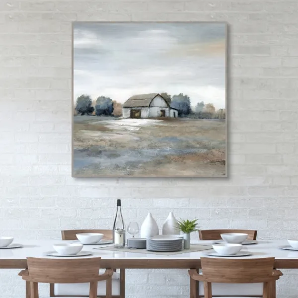 Canvas Art-Kirkland's Home White Barn In Pasture Framed Canvas Art Print Gray