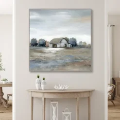 Canvas Art-Kirkland's Home White Barn In Pasture Framed Canvas Art Print Gray