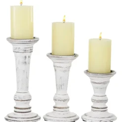 Candle Holders-Kirkland's Home White Brushstroke 3-Pc. Pillar Candle Holder Set White/Brown