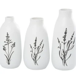 Vases-Kirkland's Home White Ceramic Botanical Print Vases, Set Of 3 White/Black