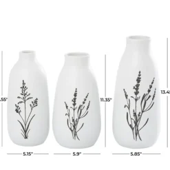 Vases-Kirkland's Home White Ceramic Botanical Print Vases, Set Of 3 White/Black