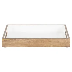 Decorative Trays-Kirkland's Home White Enameled Rectangle Mango Wood Tray Tan/White
