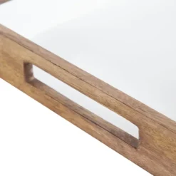 Decorative Trays-Kirkland's Home White Enameled Rectangle Mango Wood Tray Tan/White