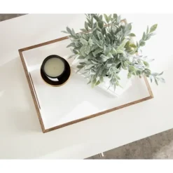 Decorative Trays-Kirkland's Home White Enameled Rectangle Mango Wood Tray Tan/White