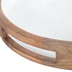 Decorative Trays-Kirkland's Home White Enameled Round Mango Wood Tray Tan/White
