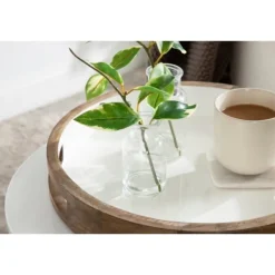 Decorative Trays-Kirkland's Home White Enameled Round Mango Wood Tray Tan/White