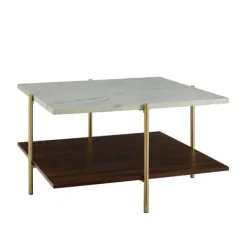 Coffee Tables-Kirkland's Home White Faux Marble And Brown Wood Coffee Table White/Gold