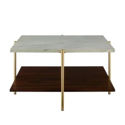 Coffee Tables-Kirkland's Home White Faux Marble And Brown Wood Coffee Table White/Gold