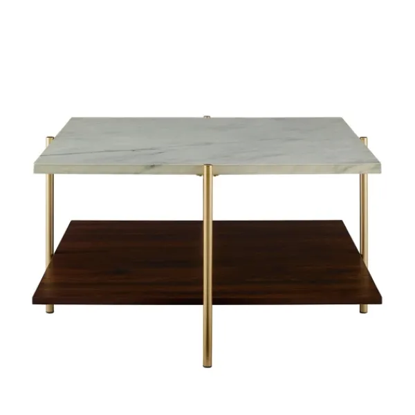 Coffee Tables-Kirkland's Home White Faux Marble And Brown Wood Coffee Table White/Gold