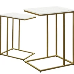 Accent & End Tables-Kirkland's Home White Marble And Gold Grid Accent Tables, Set Of 2 White/Gold