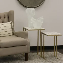 Accent & End Tables-Kirkland's Home White Marble And Gold Grid Accent Tables, Set Of 2 White/Gold
