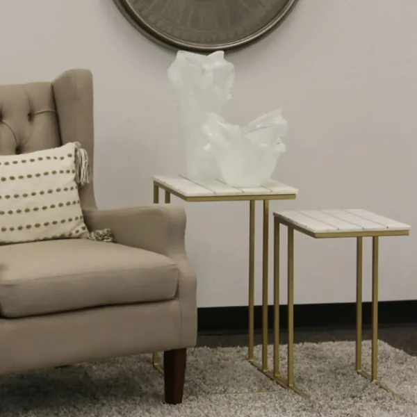 Accent & End Tables-Kirkland's Home White Marble And Gold Grid Accent Tables, Set Of 2 White/Gold