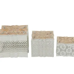 Baskets & Boxes-Kirkland's Home White Metal And Carved Wood Boxes, Set Of 3 White/Brown