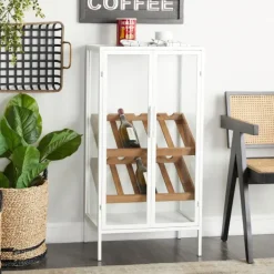 Kitchen Islands & Bar Carts-Kirkland's Home White Metal And Natural Wood 2-Door Bar Cabinet
