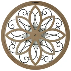 Wall Plaques-Kirkland's Home White Metal And Wood Floral Round Wall Plaque White/Tan/Black