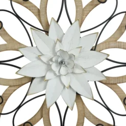 Wall Plaques-Kirkland's Home White Metal And Wood Floral Round Wall Plaque White/Tan/Black