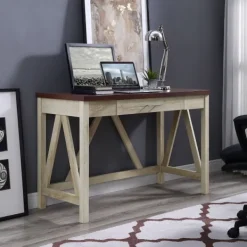 Office Furniture-Kirkland's Home White Oak Farmhouse A-Frame Desk With Brown Top