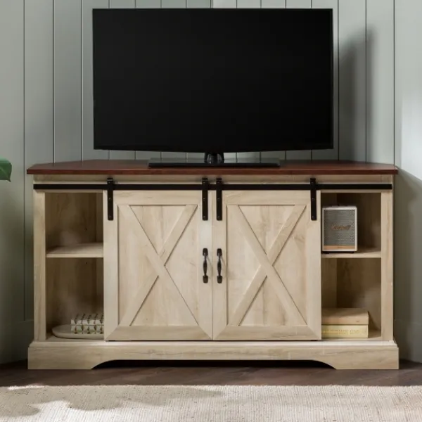 Tv Stands & Media Consoles-Kirkland's Home White Oak Sliding Barn Doors Corner Tv Stand Ivory