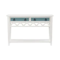 Console Tables-Kirkland's Home White Or Teal Paneled Fretwork Console Table White/Blue