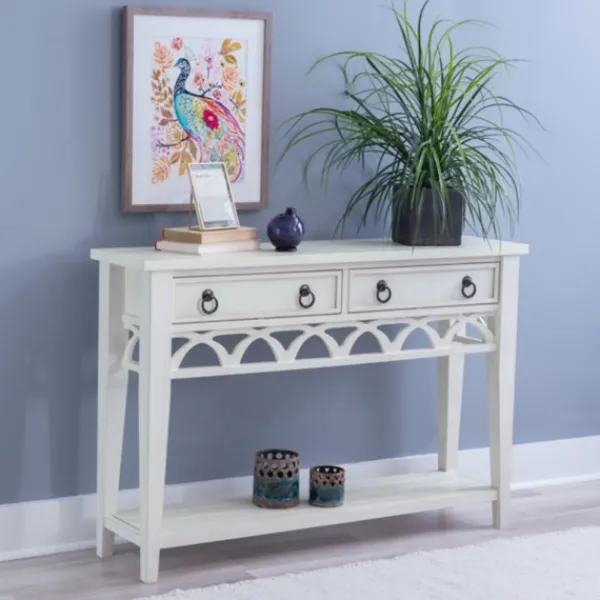 Console Tables-Kirkland's Home White Or Teal Paneled Fretwork Console Table White/Blue