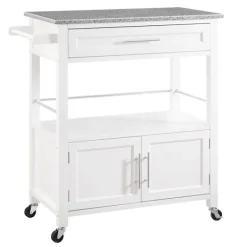Kitchen Islands & Bar Carts-Kirkland's Home White Parker Granite Top Rolling Kitchen Cart