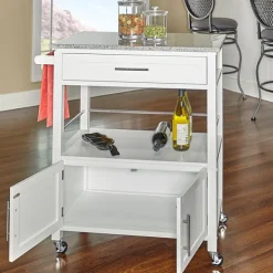 Kitchen Islands & Bar Carts-Kirkland's Home White Parker Granite Top Rolling Kitchen Cart