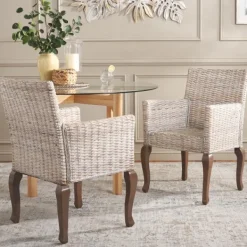 Dining Chairs-Kirkland's Home White Rattan Curved Legs Dining Chairs, Set Of 2 White/Brown