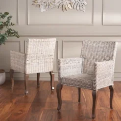 Dining Chairs-Kirkland's Home White Rattan Curved Legs Dining Chairs, Set Of 2 White/Brown