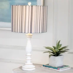 Table Lamps-Kirkland's Home White Resin Table Lamp With Blue Stripe Shade White/Blue
