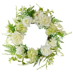 Wreaths-Kirkland's Home White Roses And Geraniums Wreath Green/White
