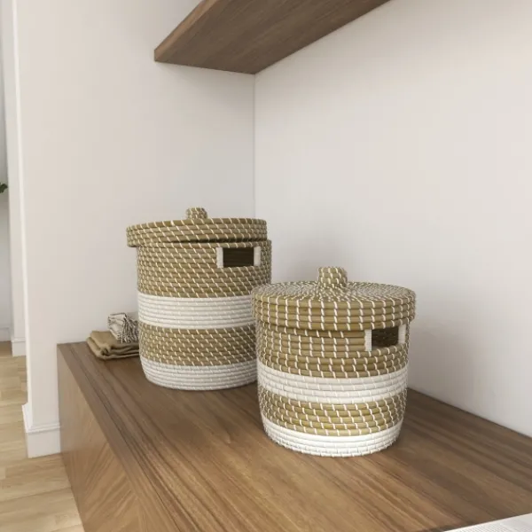 Baskets & Boxes-Kirkland's Home White Stripe Sea Grass 2-Pc. Storage Baskets Tan/White
