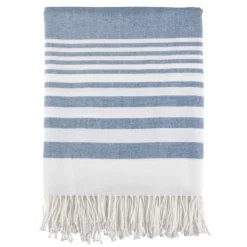 Blankets & Throws-Kirkland's Home White Stripe Throw Blanket With Fringe Blue