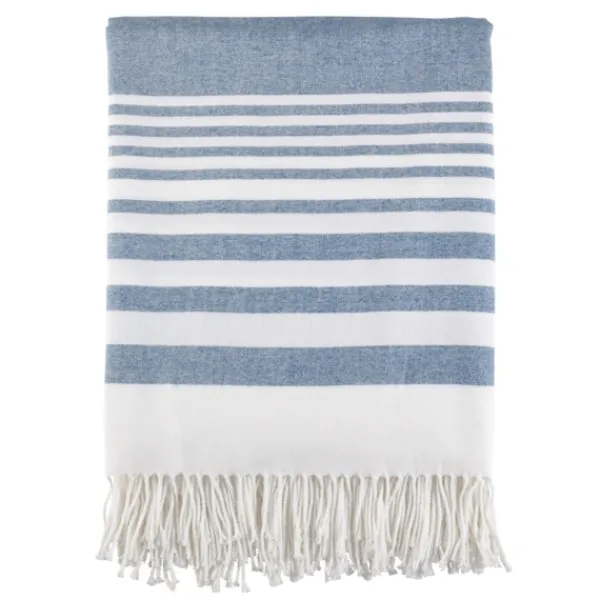 Blankets & Throws-Kirkland's Home White Stripe Throw Blanket With Fringe Blue