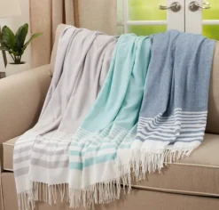 Blankets & Throws-Kirkland's Home White Stripe With Fringe Throw Blanket Gray