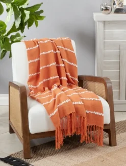 Blankets & Throws-Kirkland's Home White Striped Fringe Throw Blanket Orange