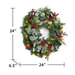 Wreaths-Kirkland's Home White Tip Pinecone And Eucalyptus Pre-Lit Wreath Green/White/Red
